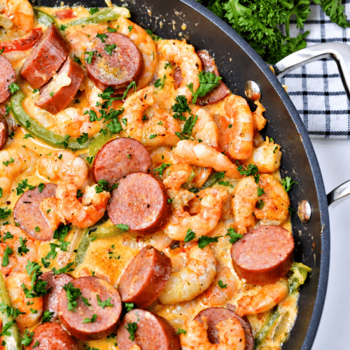 creamy spicy keto shrimp and sausage skillet finished dish