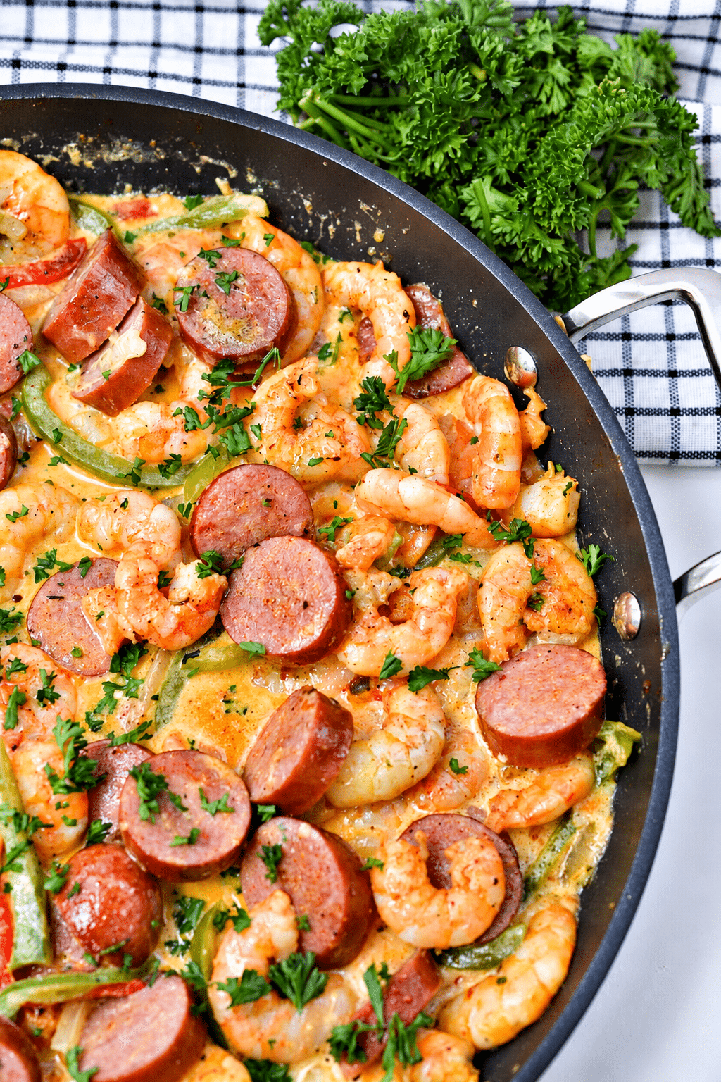 creamy spicy keto shrimp and sausage skillet finished dish