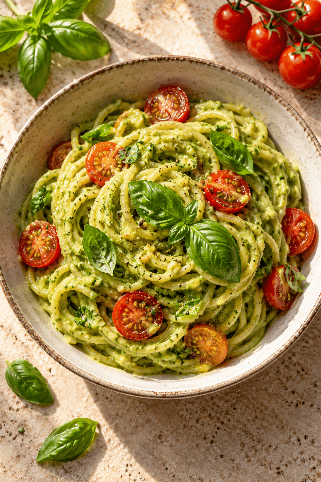 Vegan avocado pesto pasta with cherry tomatoes