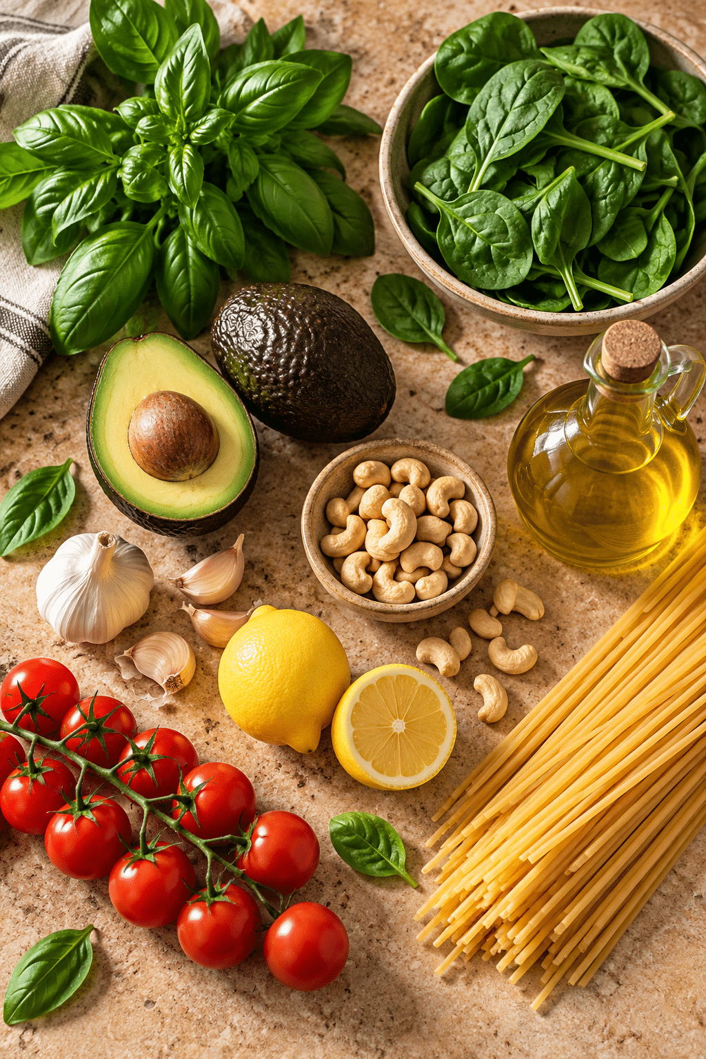 Ingredients for vegan avocado pesto pasta