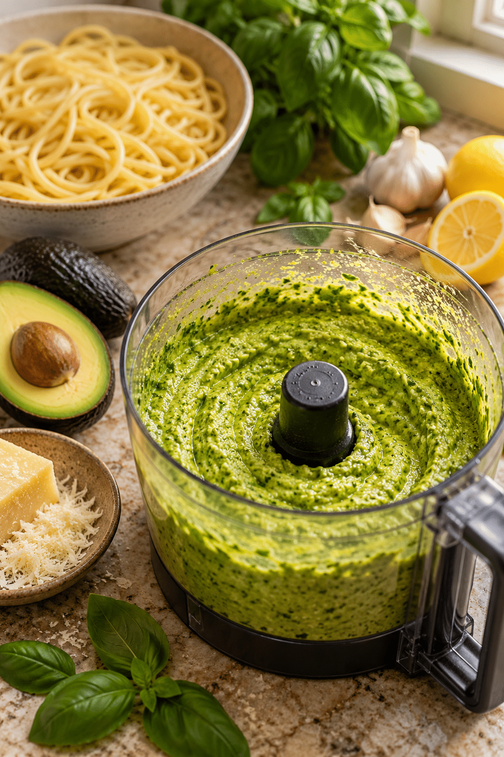 Blending the green pesto for vegan avocado pesto pasta