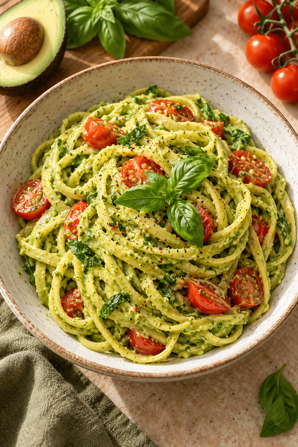 Finished vegan avocado pesto pasta with cherry tomatoes