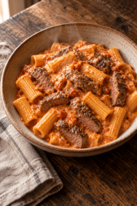 Creamy vodka steak pasta in a skillet