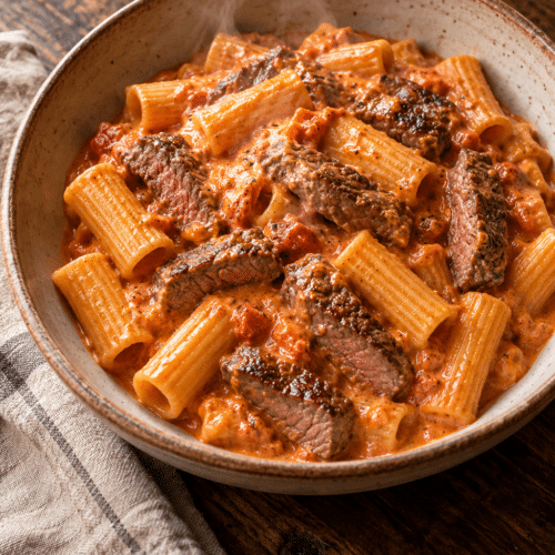 Creamy vodka steak pasta in a skillet