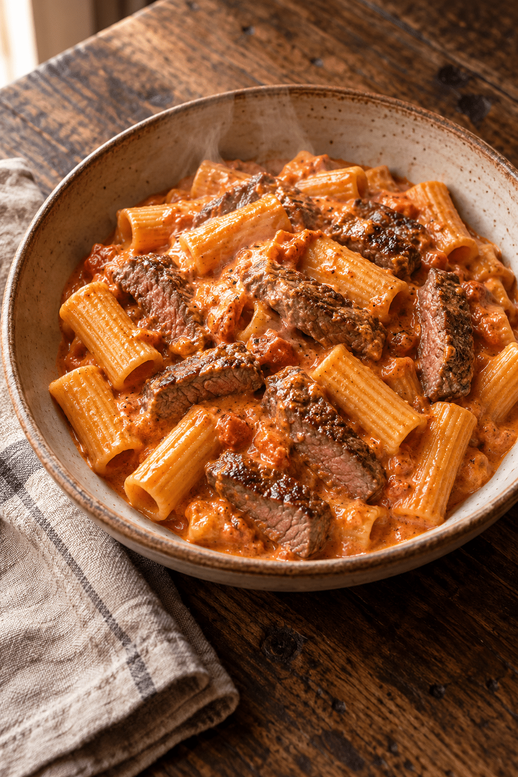 Creamy vodka steak pasta in a skillet