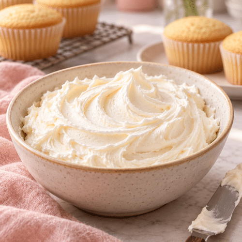 Crisco frosting recipe in a bowl with soft vanilla swirls