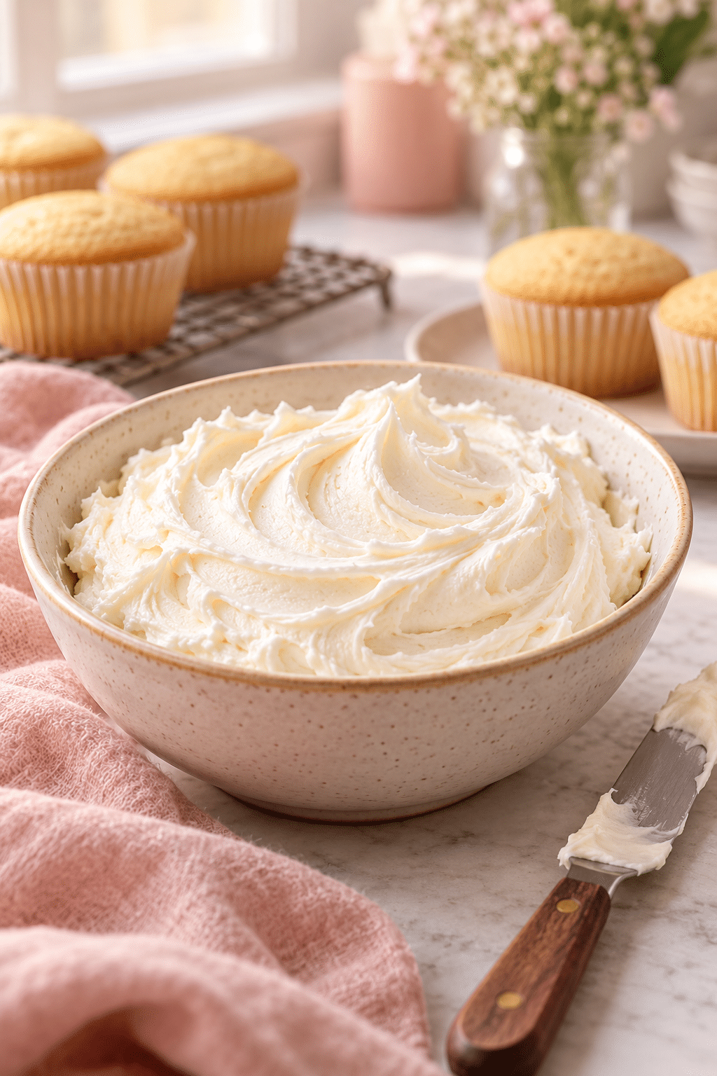 Crisco frosting recipe in a bowl with soft vanilla swirls