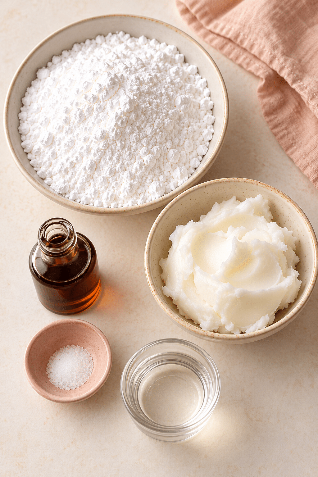 Ingredients for Crisco frosting recipe: shortening, vanilla, salt, powdered sugar, and liquid