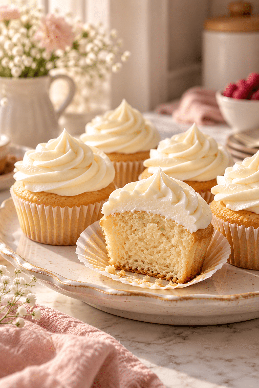 Finished Crisco frosting recipe piped onto cupcakes