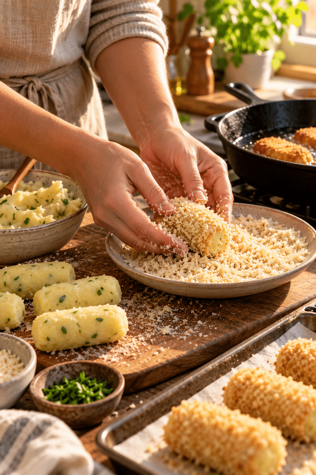 Shaping mashed potato tots before frying