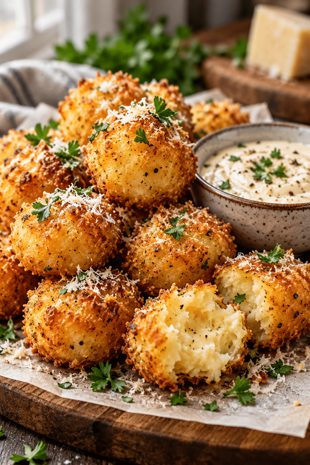 Golden mashed potato tots ready to serve