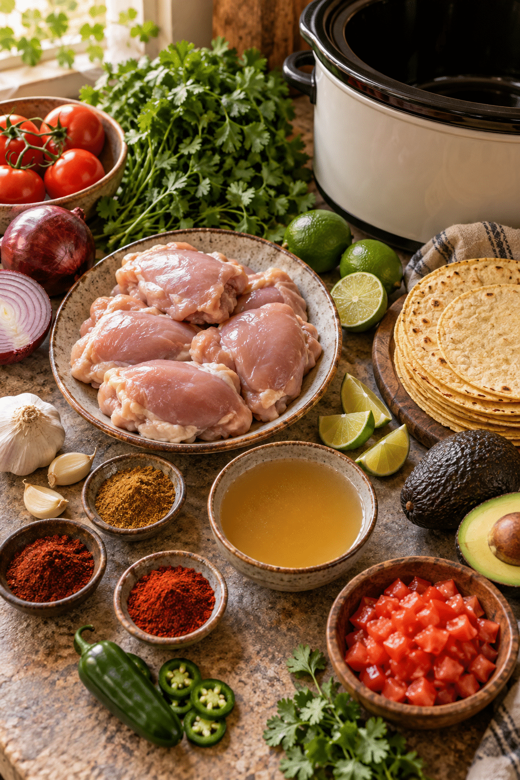 Ingredients for crockpot chicken tacos