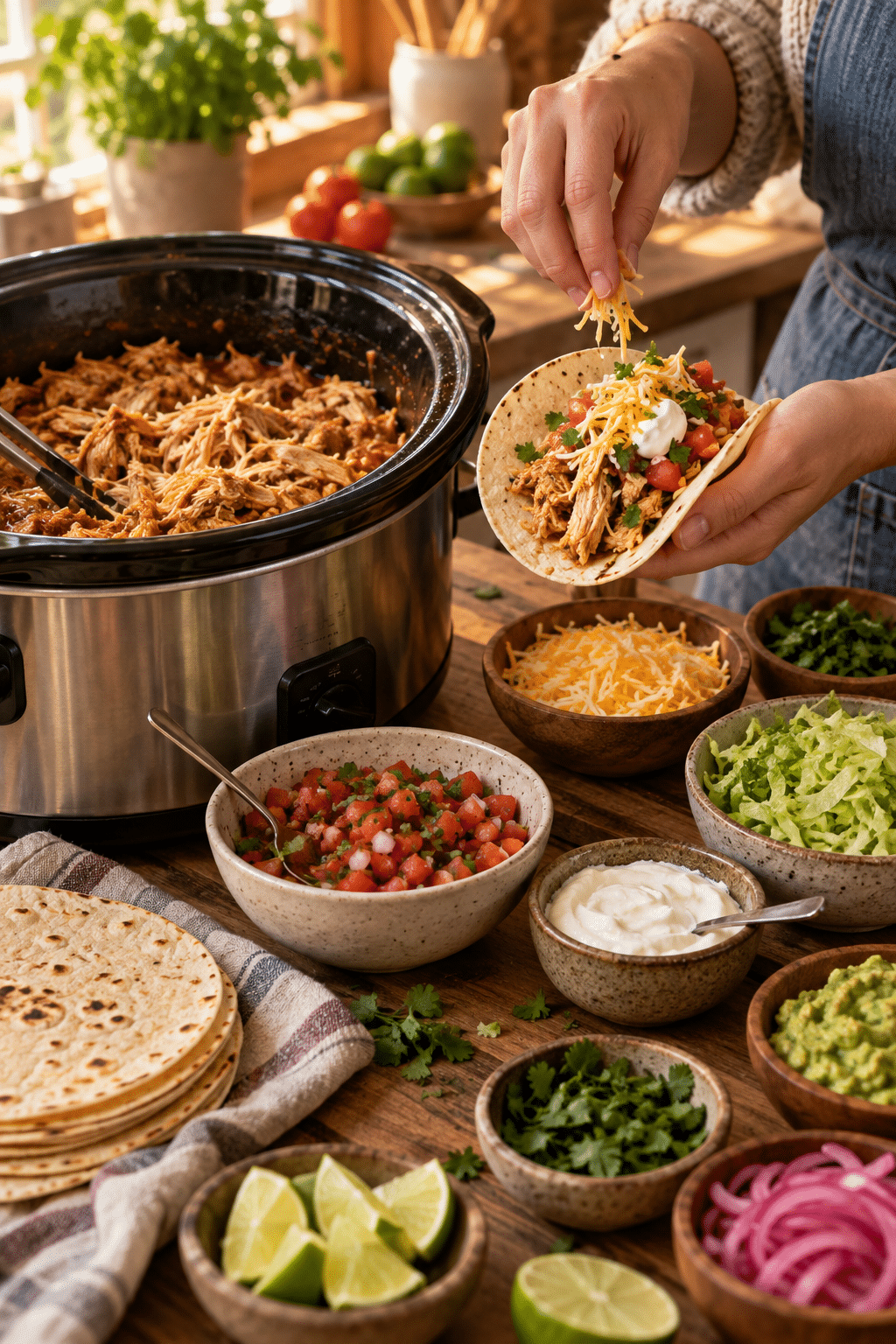 Shredded chicken taco filling in the slow cooker