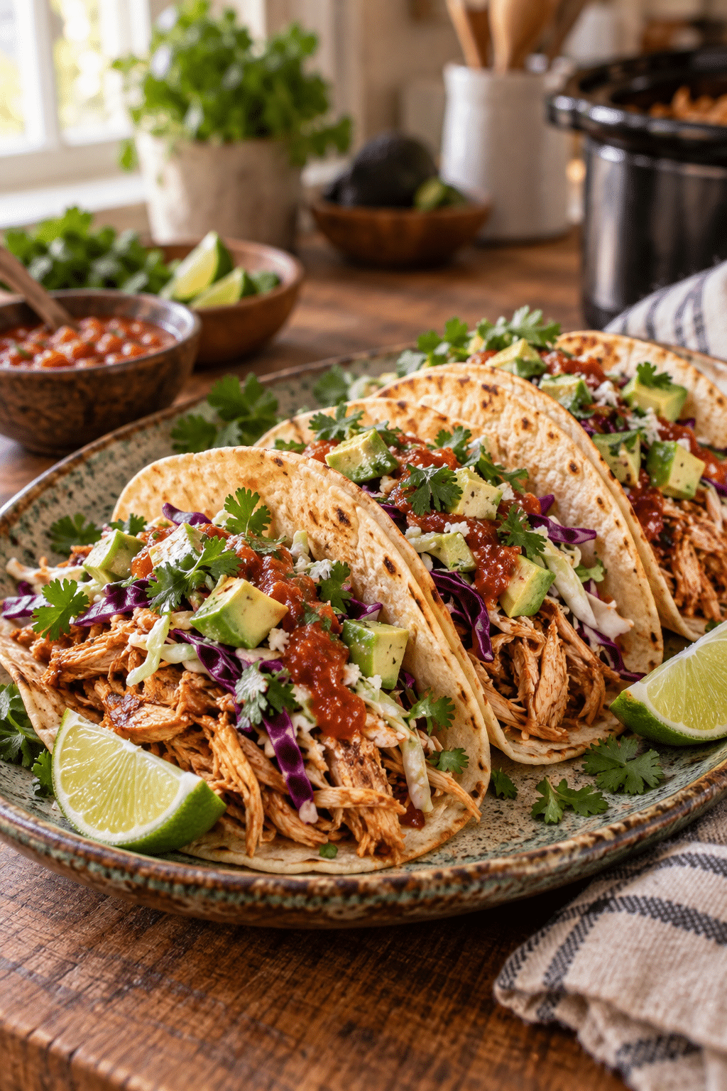 Finished crockpot chicken tacos