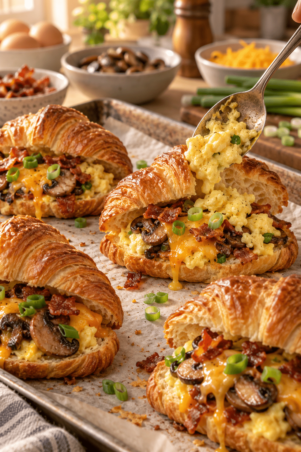 Filling croissant breakfast boats before baking