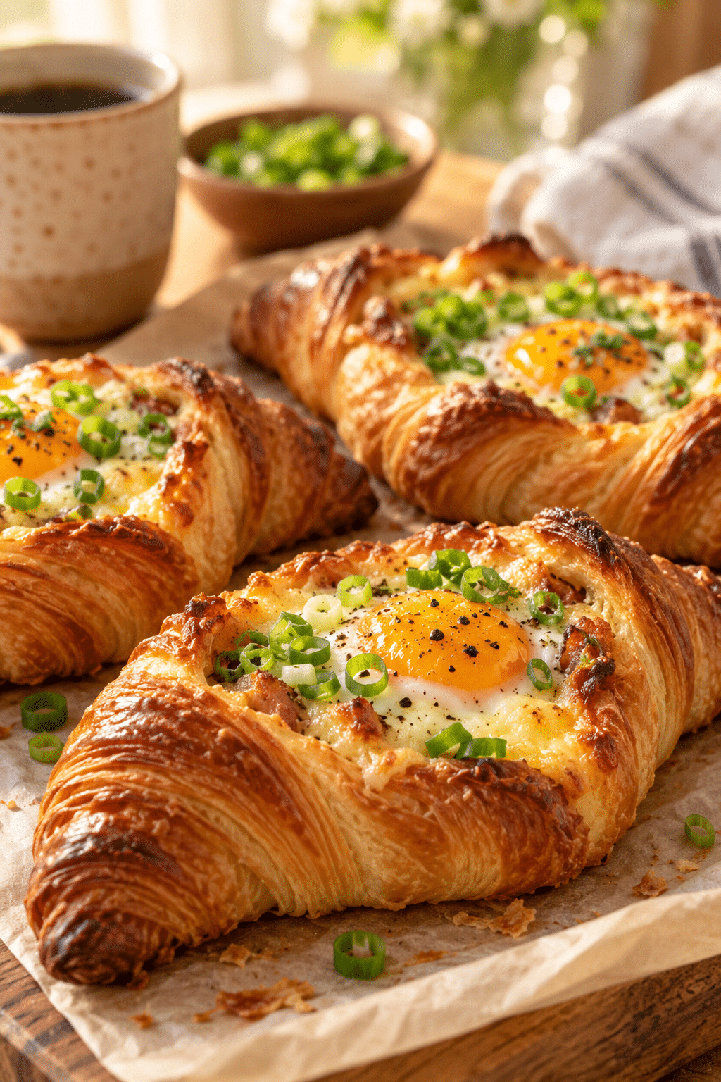 Golden baked croissant breakfast boats