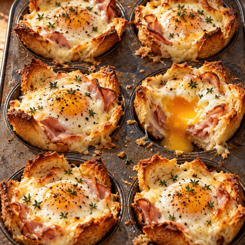 croque madame toastie cups with ham, eggs, and Gruyere sauce