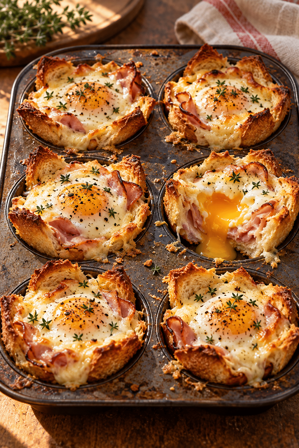 croque madame toastie cups with ham, eggs, and Gruyere sauce