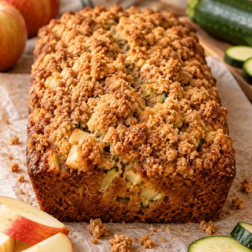 Crumb apple zucchini bread loaf with buttery streusel