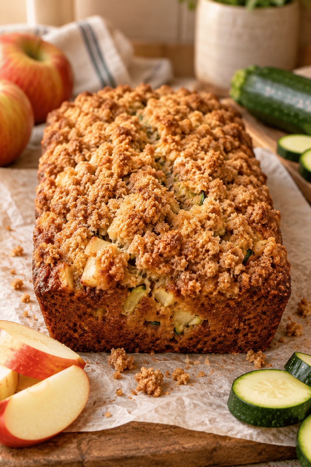 Crumb apple zucchini bread loaf with buttery streusel