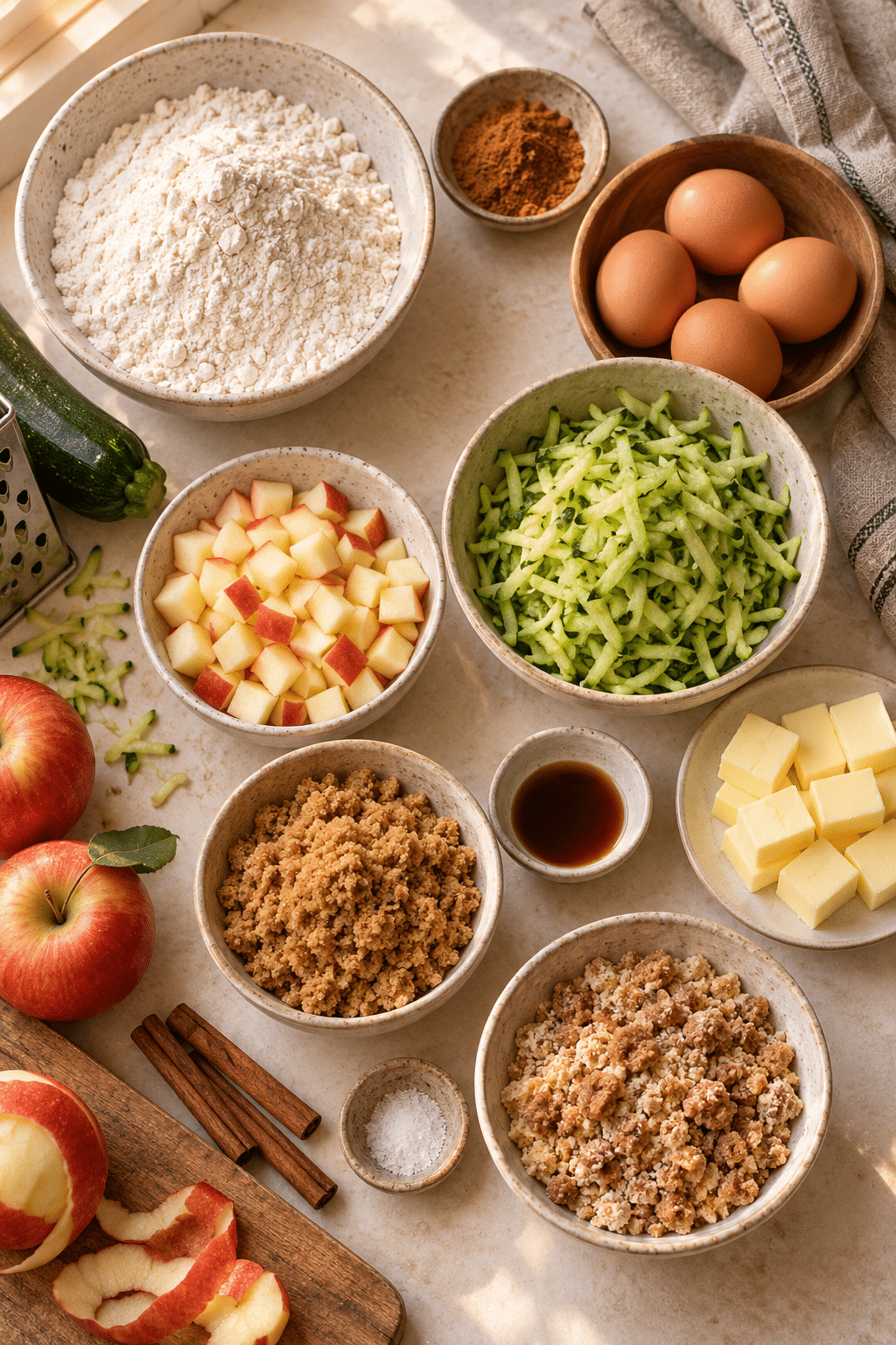 Ingredients for crumb apple zucchini bread including apple, zucchini, flour, cinnamon, and butter