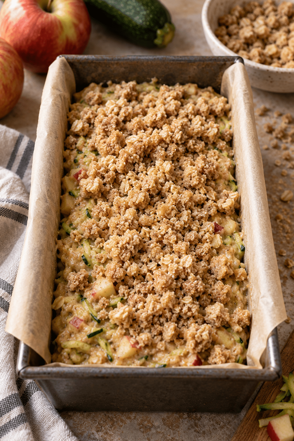 Crumb topping scattered over apple zucchini bread batter in a loaf pan