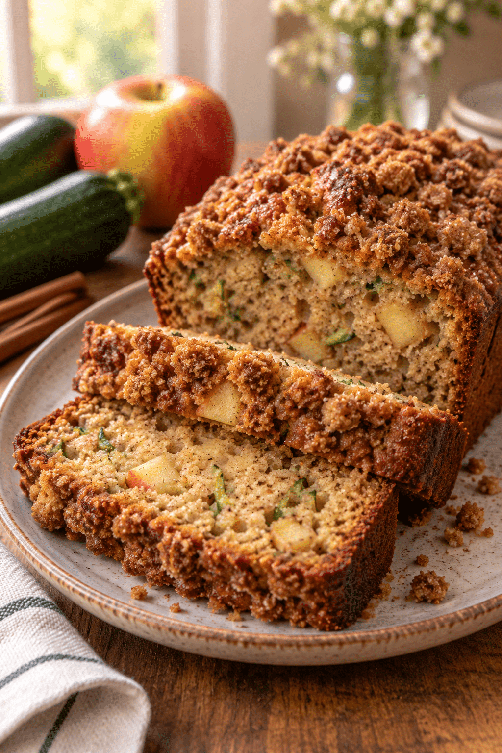 Slices of crumb apple zucchini bread with a moist apple and zucchini crumb and golden streusel