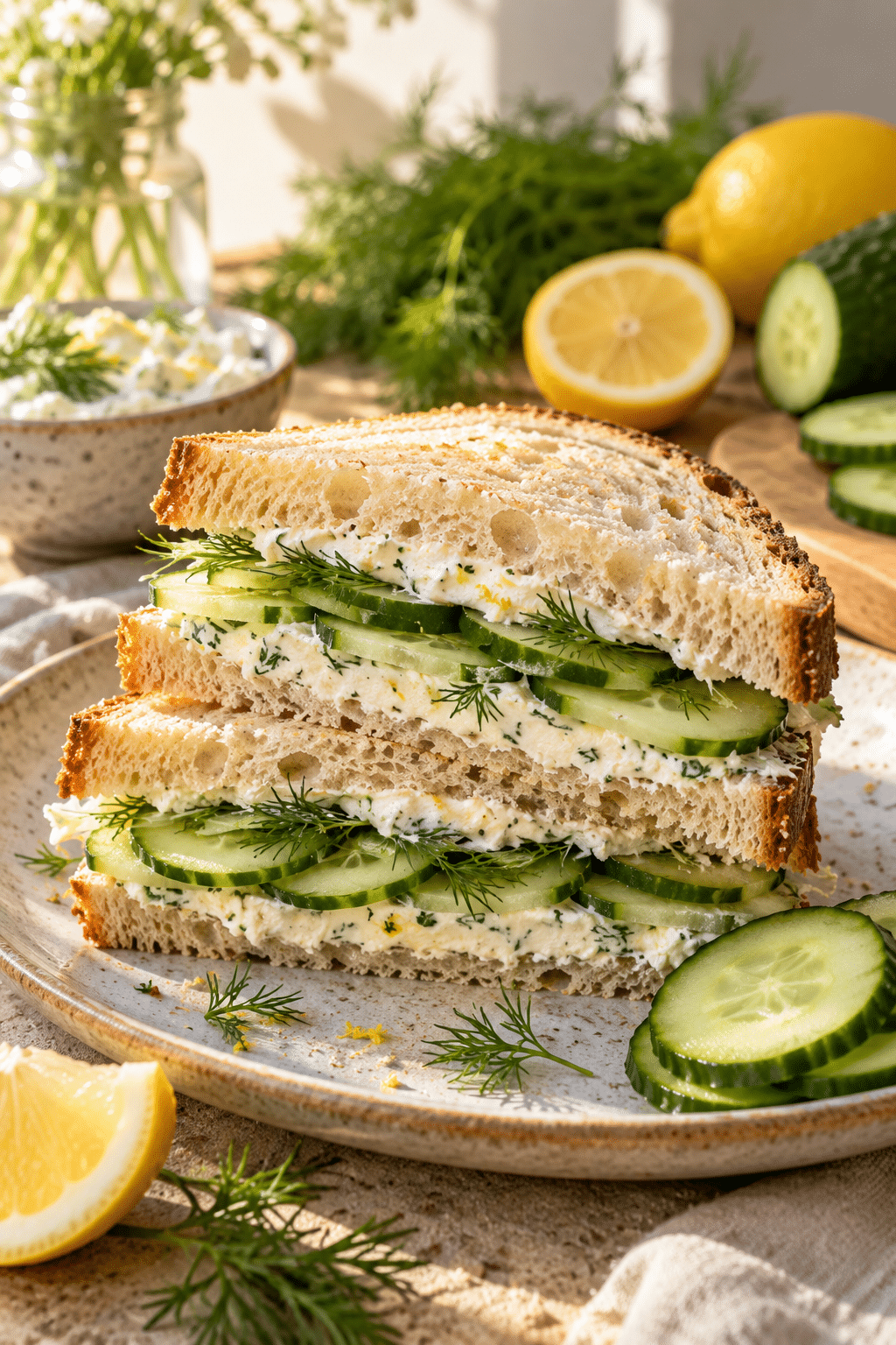 Ingredients for cucumber and cream cheese sandwich