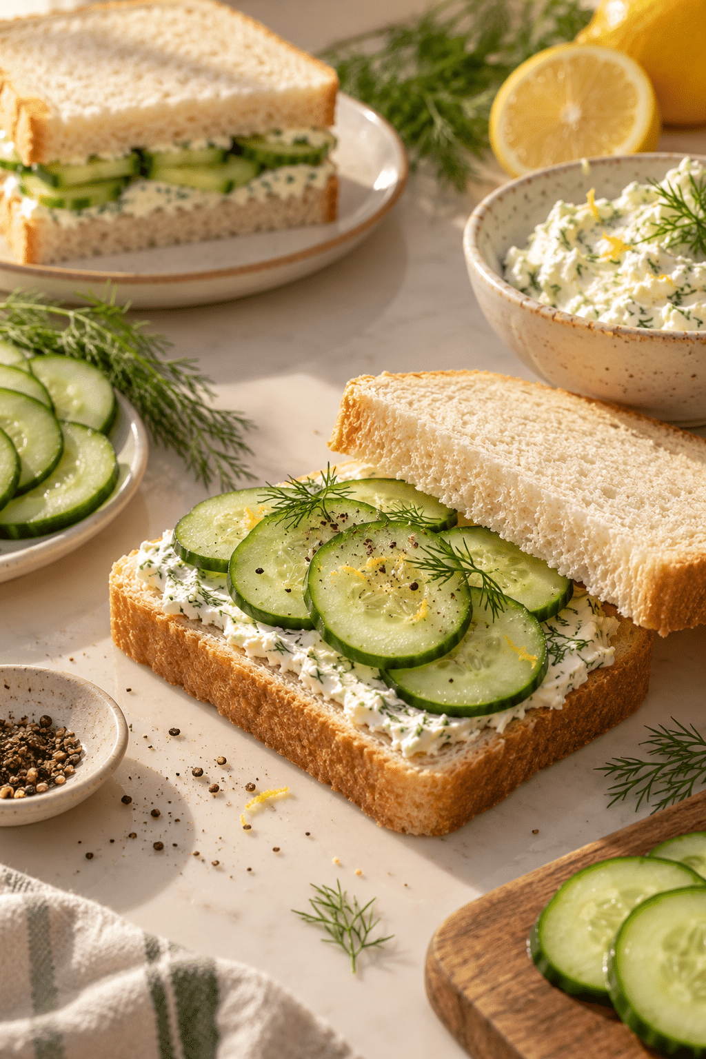 Assembling cucumber and cream cheese sandwich