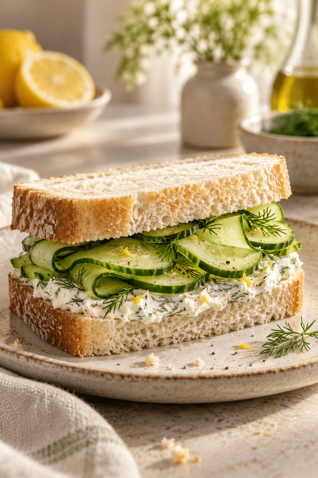 Finished cucumber and cream cheese sandwiches