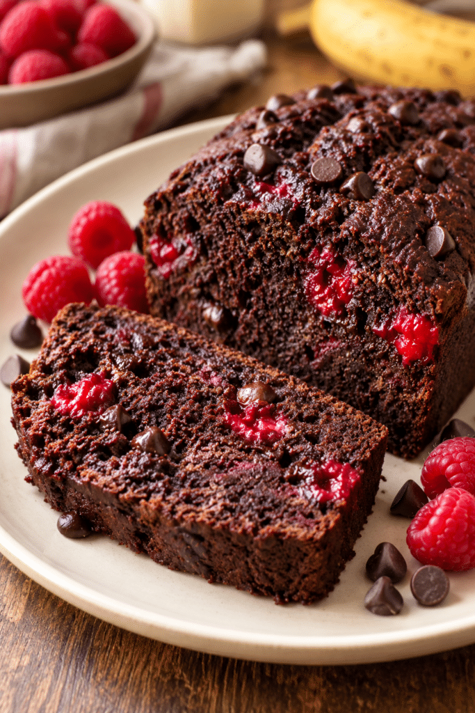 dark chocolate raspberry banana bread loaf