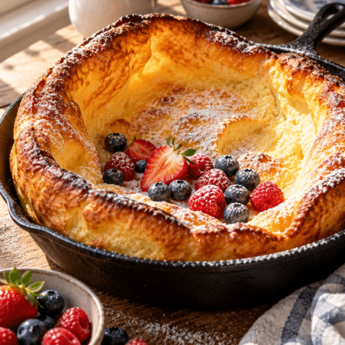 dutch baby german pancake puffed in a cast iron skillet