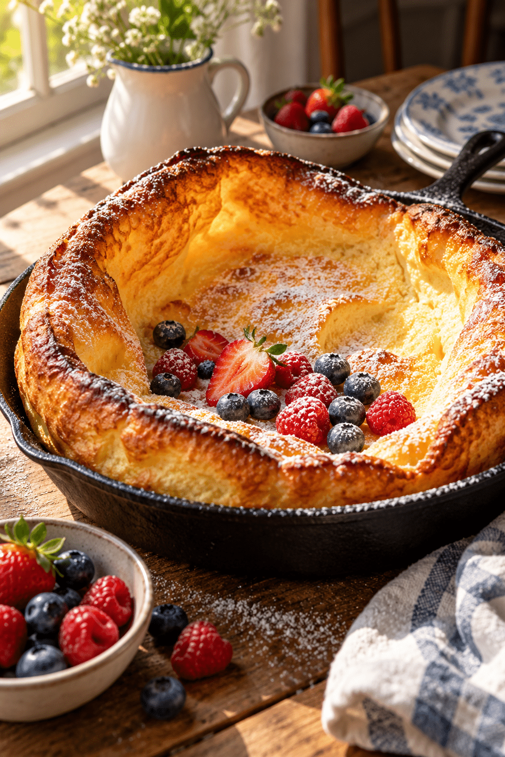 dutch baby german pancake puffed in a cast iron skillet