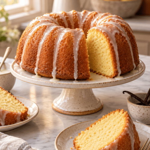 Whole golden vanilla Bundt cake with glaze