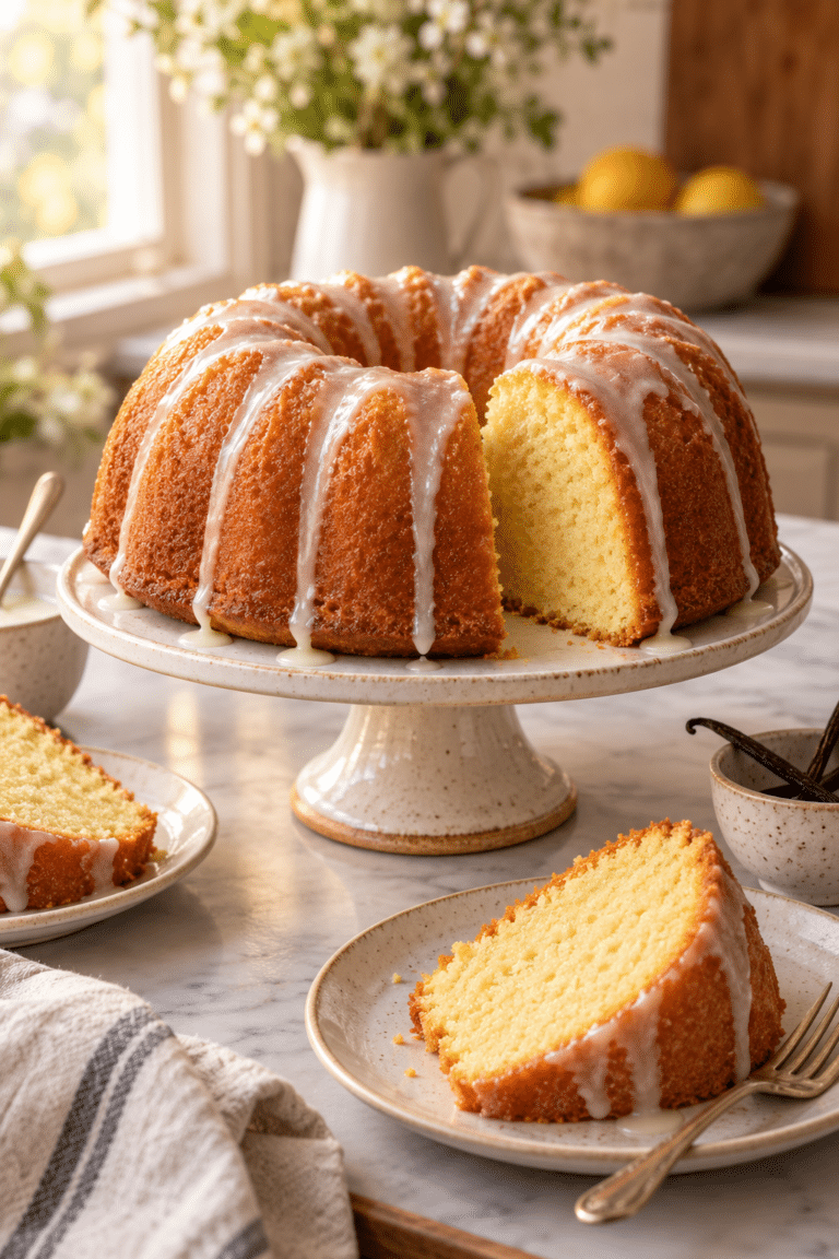 Whole golden vanilla Bundt cake with glaze
