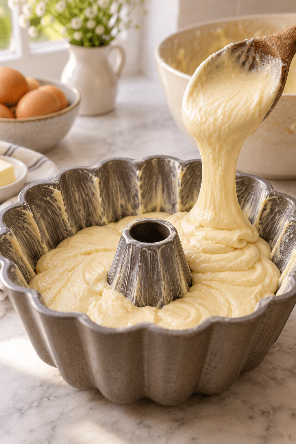 Bundt cake batter in a fluted pan