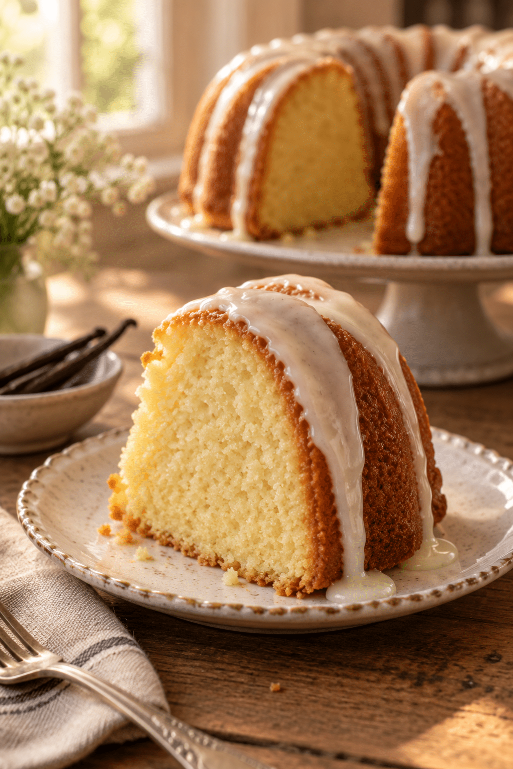 Sliced glazed vanilla Bundt cake