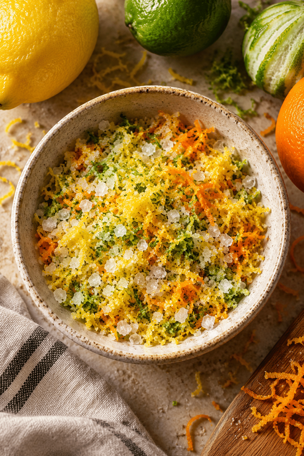 Ingredients for easy citrus salts: fresh citrus zest and coarse kosher salt