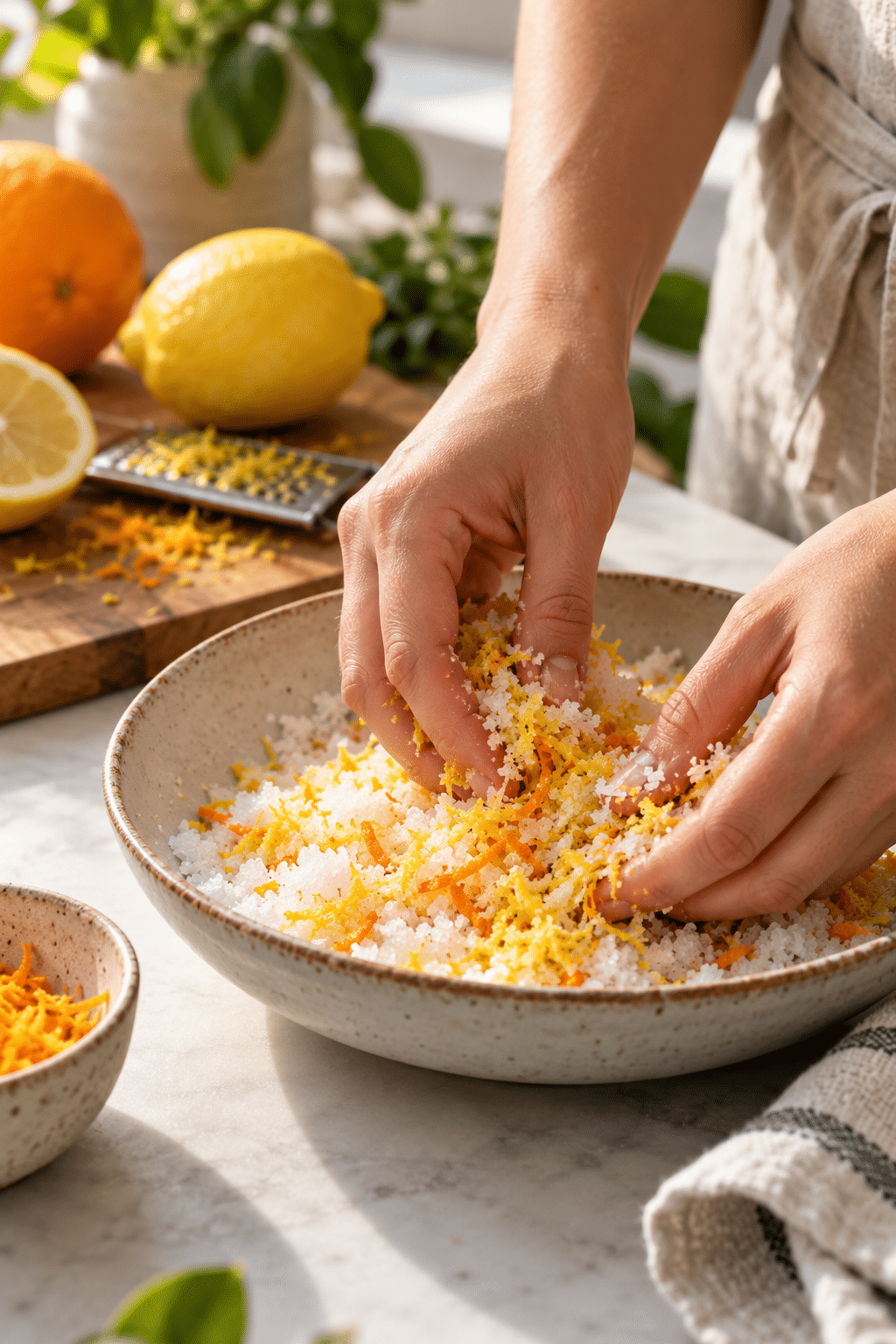 Mixing citrus zest with kosher salt for easy citrus salts