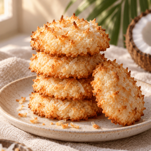 coconut cookies stacked on a cooling rack