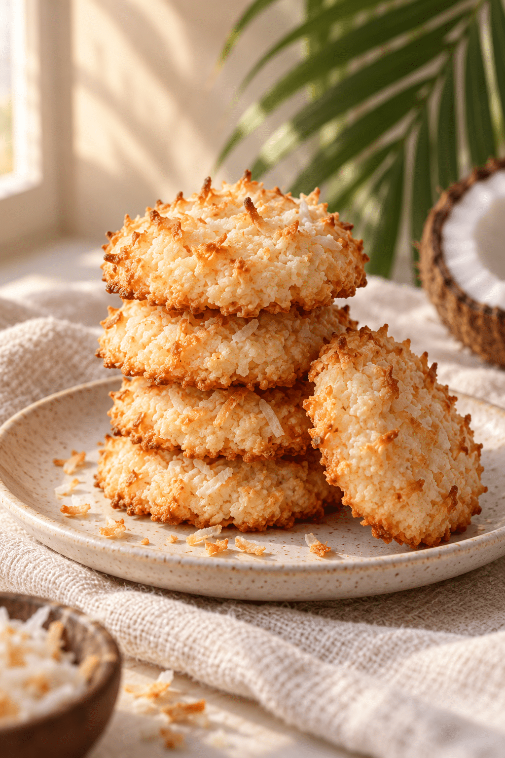 coconut cookies stacked on a cooling rack