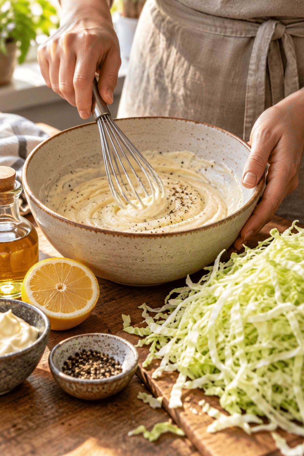 Whisking the dressing into easy cole slaw
