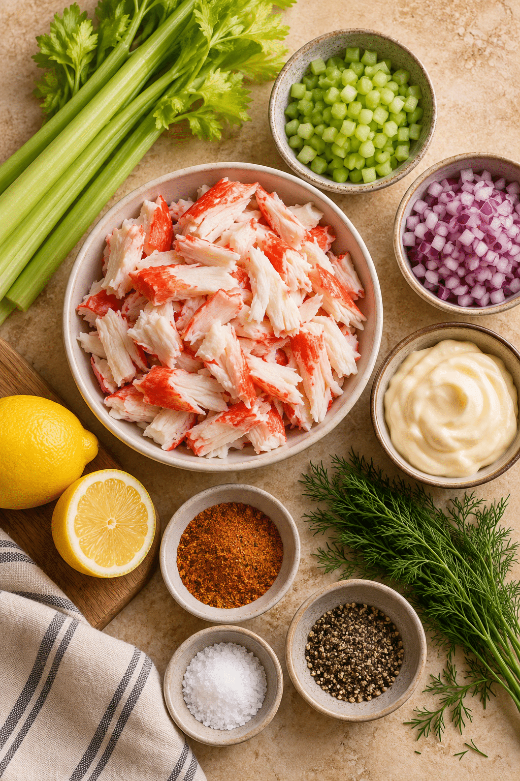 Ingredients for crab salad including crab meat, celery, red onion, mayonnaise, lemon, dill, and Old Bay seasoning
