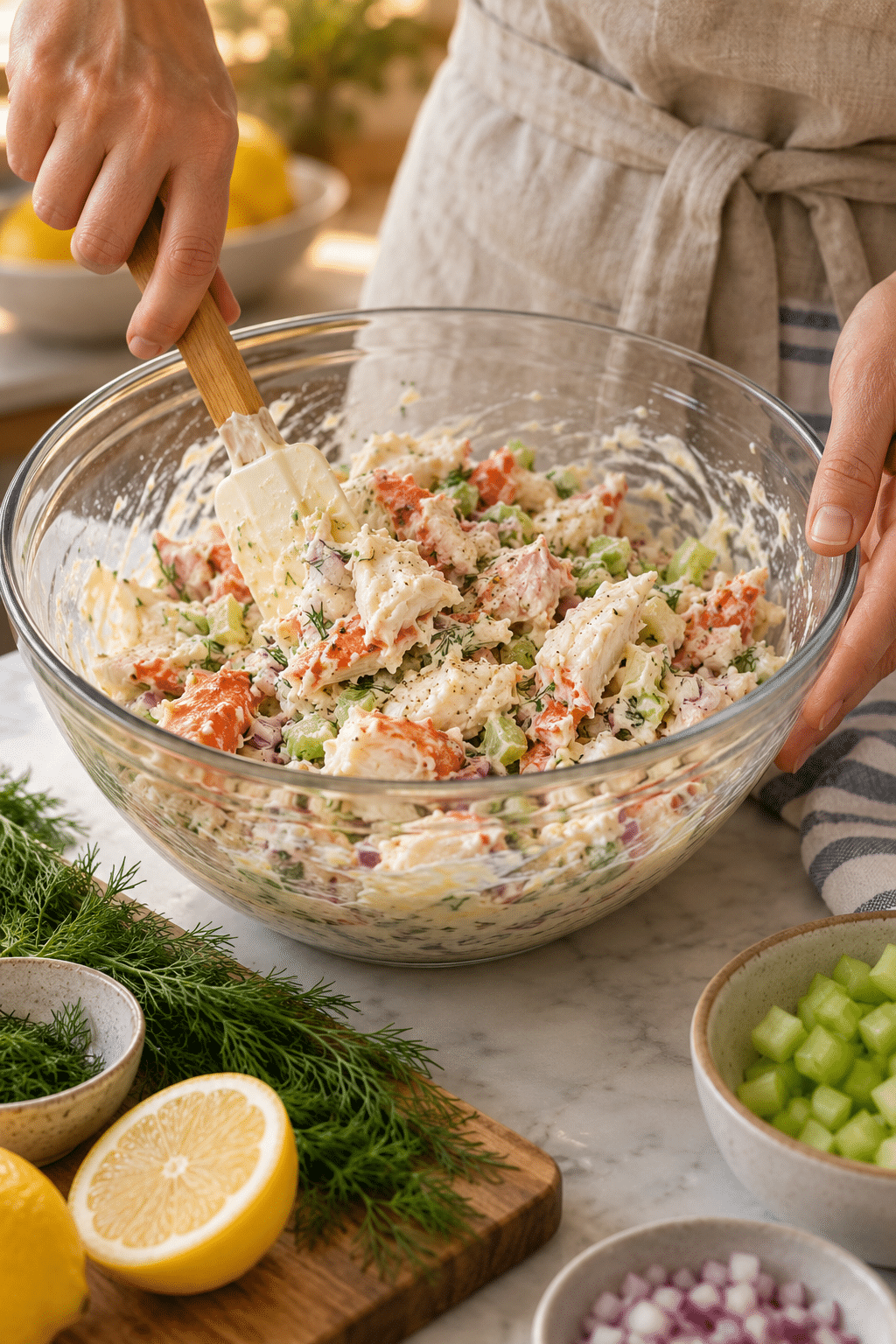 Mixing the creamy dressing into the crab salad ingredients