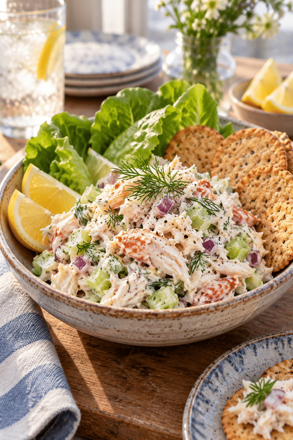 Chilled crab salad served in a bowl with celery, red onion, dill, and lemon