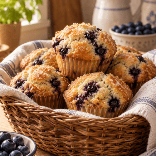 Blueberry muffin recipe with golden tops