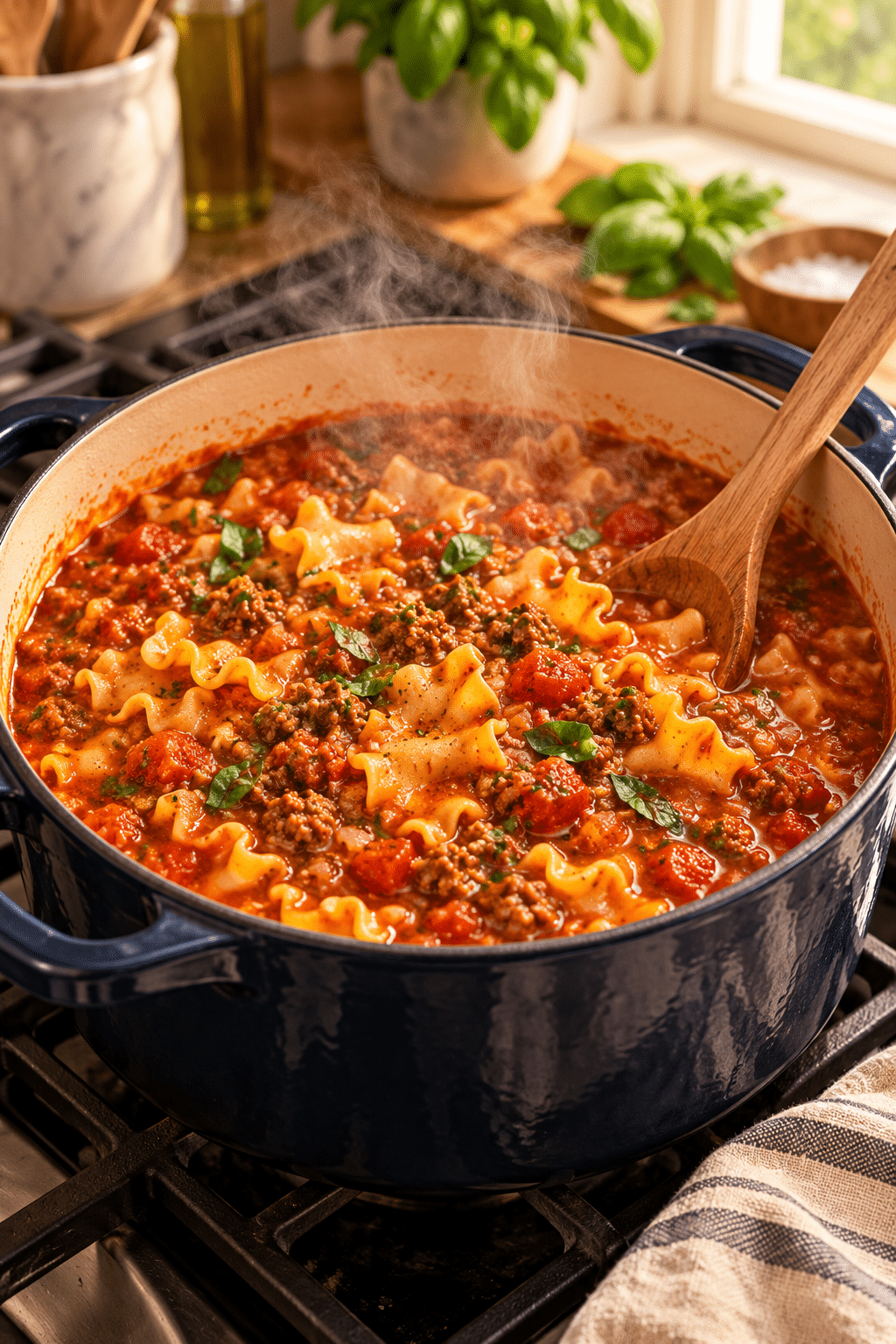 Lasagna soup simmering in a pot