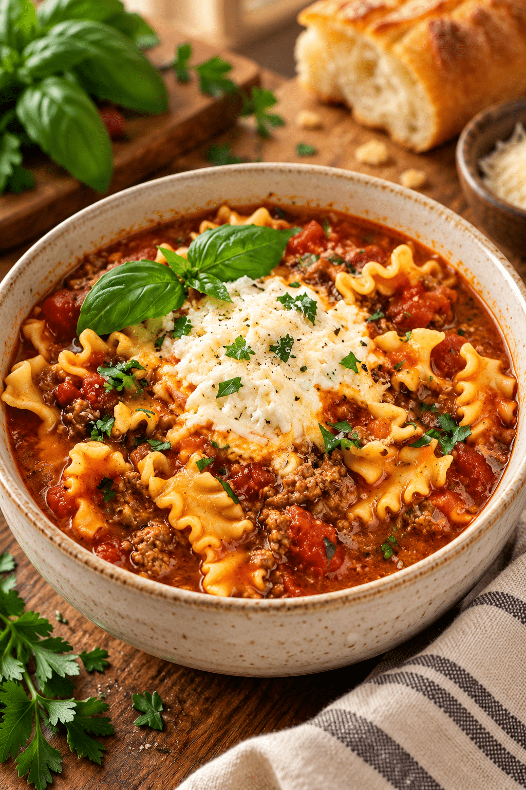 Finished easy lasagna soup with creamy cheese topping