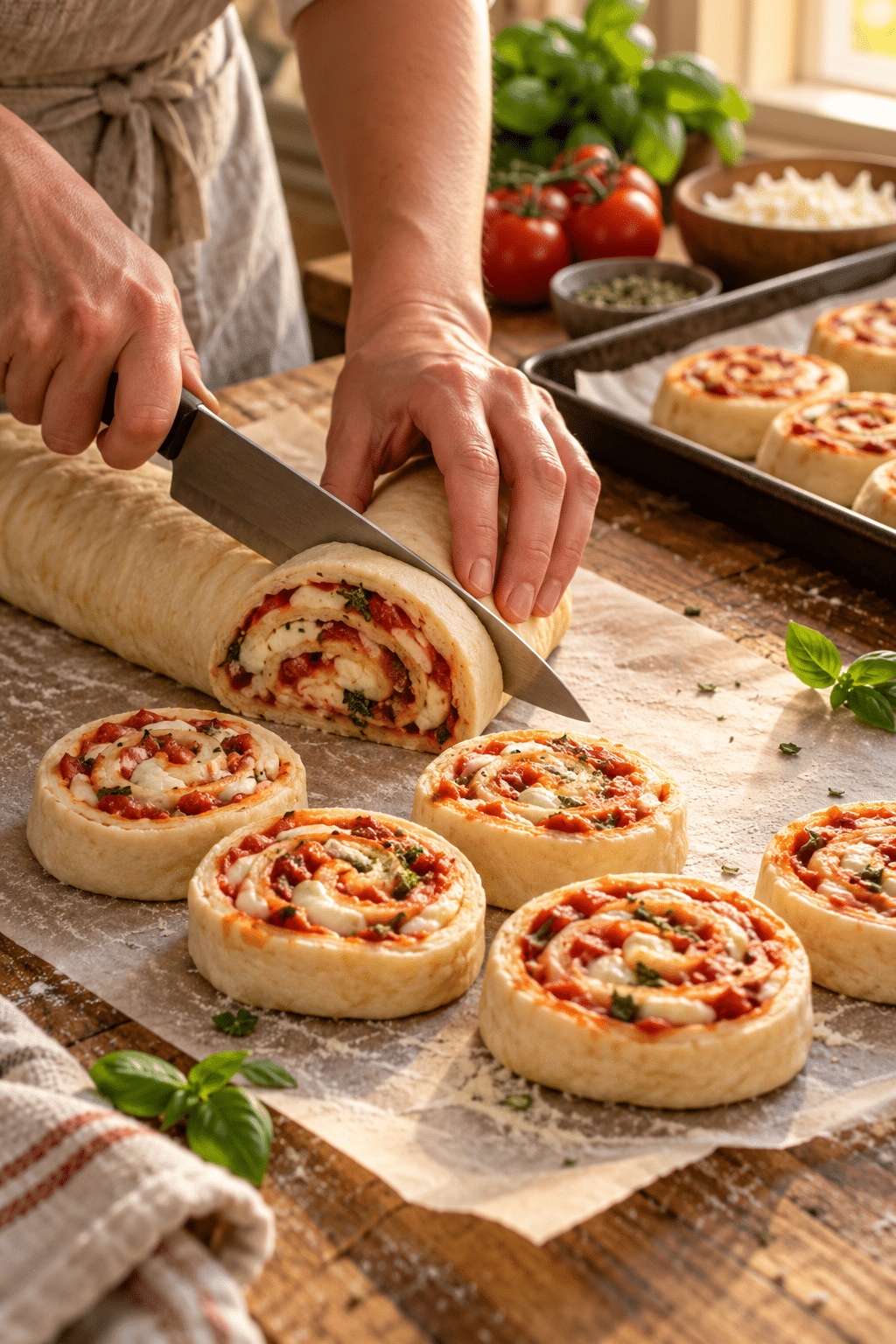 pizza pinwheels being sliced and baked