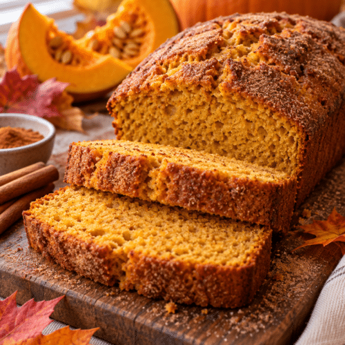 Sliced pumpkin bread with cake mix on a rustic table